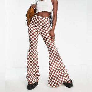 Free People We The Free Checkerboard High Rise Super Flare Jeans Brown Womens 33